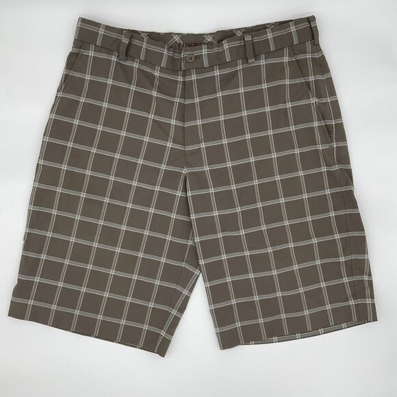 Nike Golf Shorts‎ Mens Plaid Dri-Fit Stretch Brown White Athletic Size 34 EUC - Picture 1 of 4